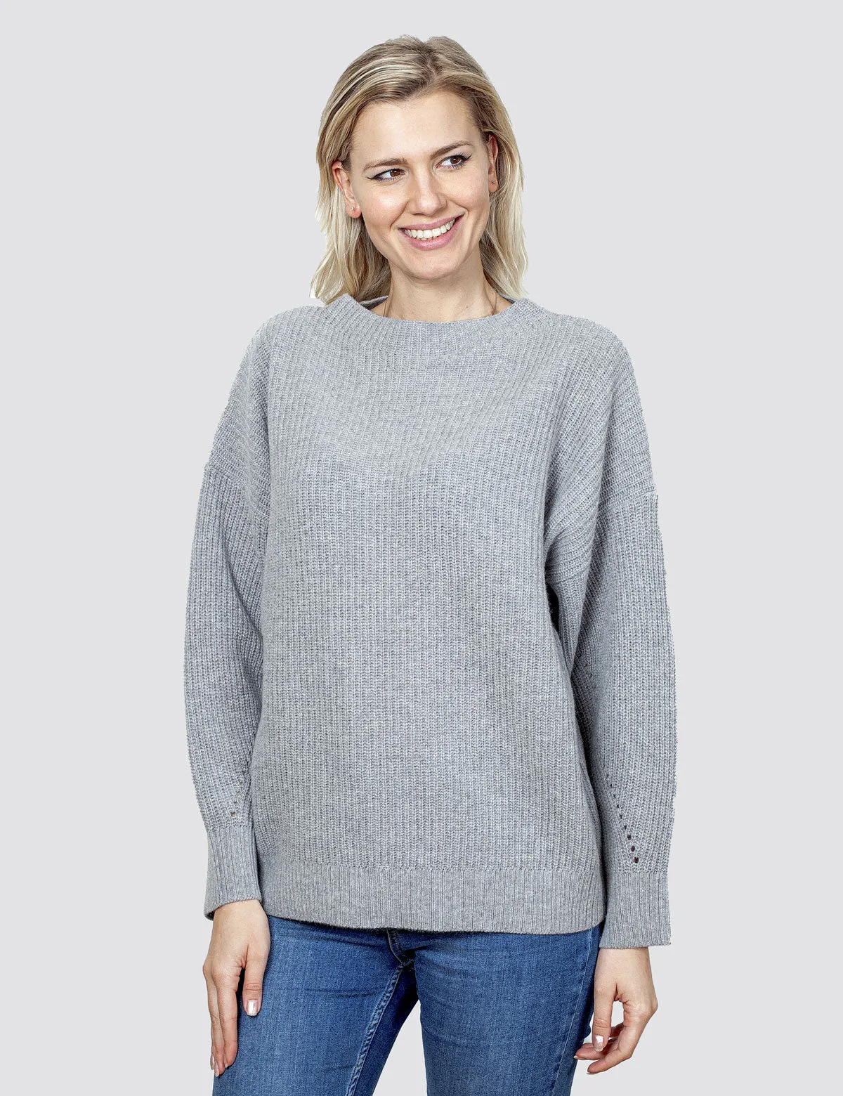 Maglione Girocollo Donna - Maglia Oversize in Costa Inglese 100% Pura Lana Vergine Color grigio | Brunella Gori