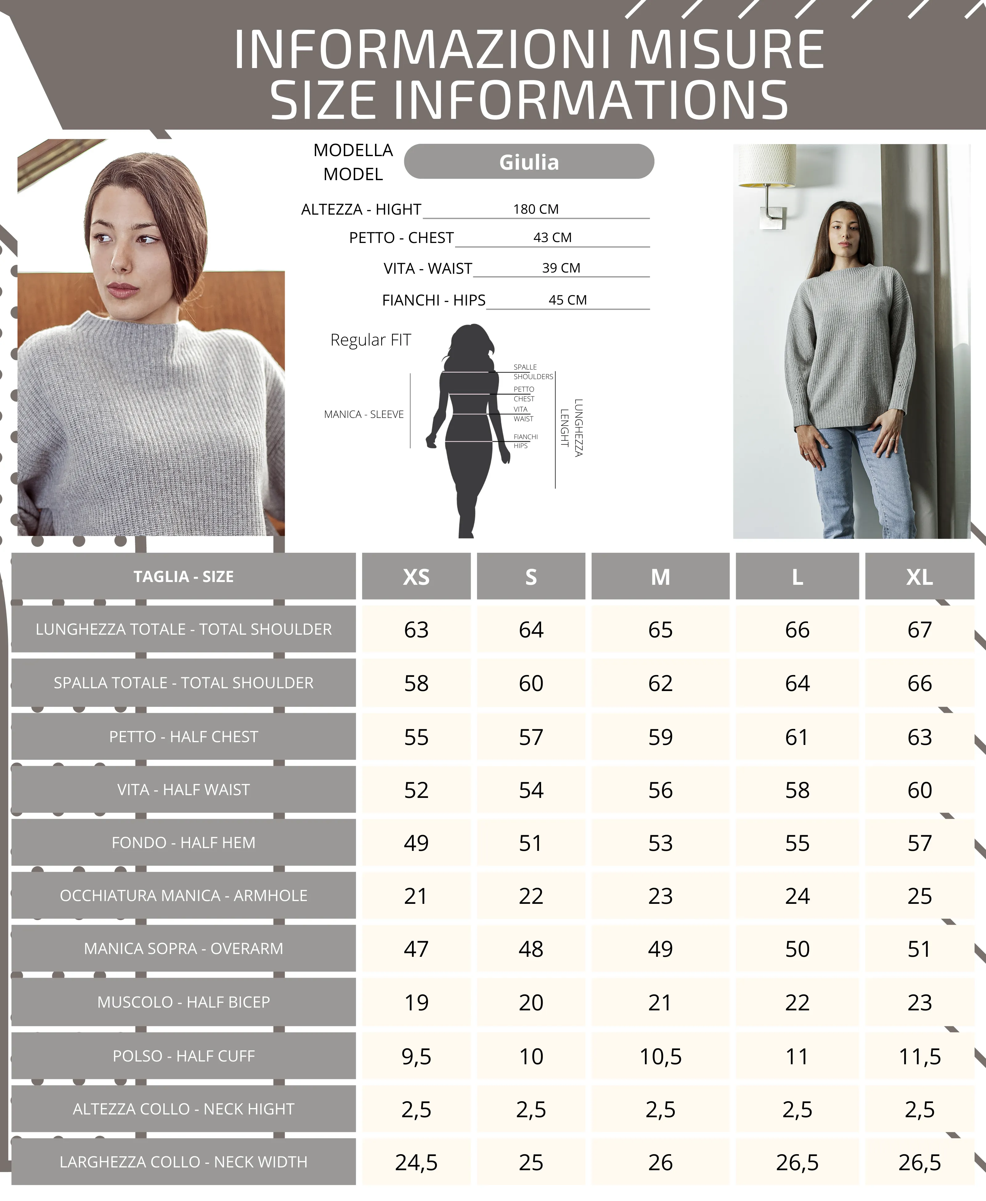 Maglione Girocollo Donna - Maglia Oversize in Costa Inglese 100% Pura Lana Vergine Color grigio | Brunella Gori
