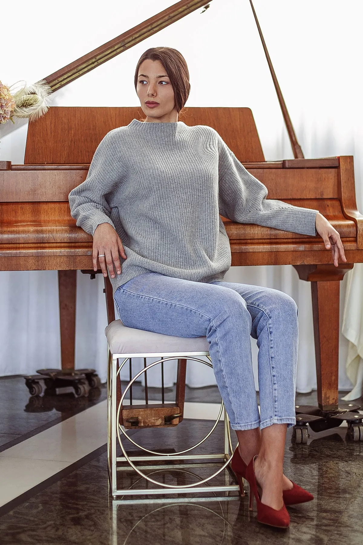 Maglione Girocollo Donna - Maglia Oversize in Costa Inglese 100% Pura Lana Vergine Color grigio | Brunella Gori