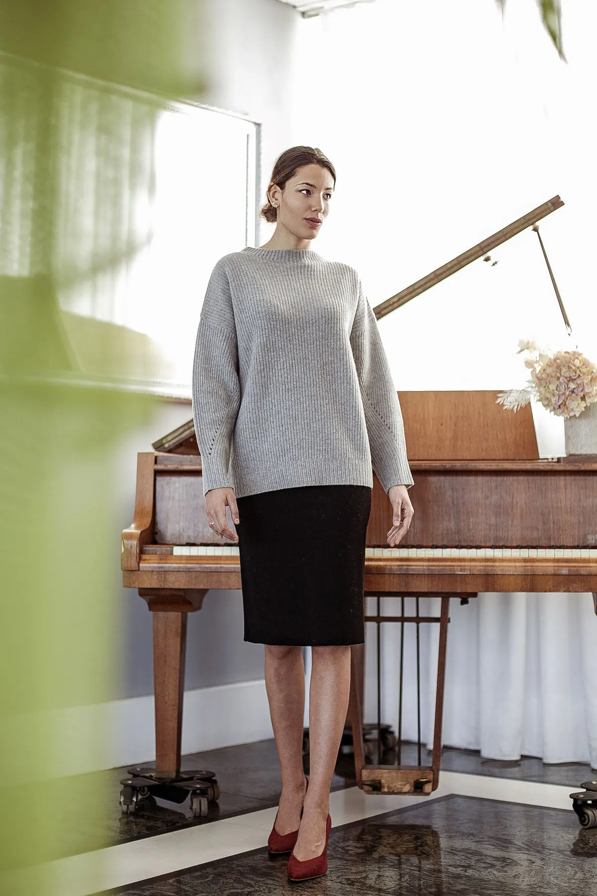 Maglione Girocollo Donna - Maglia Oversize in Costa Inglese 100% Pura Lana Vergine Color grigio | Brunella Gori