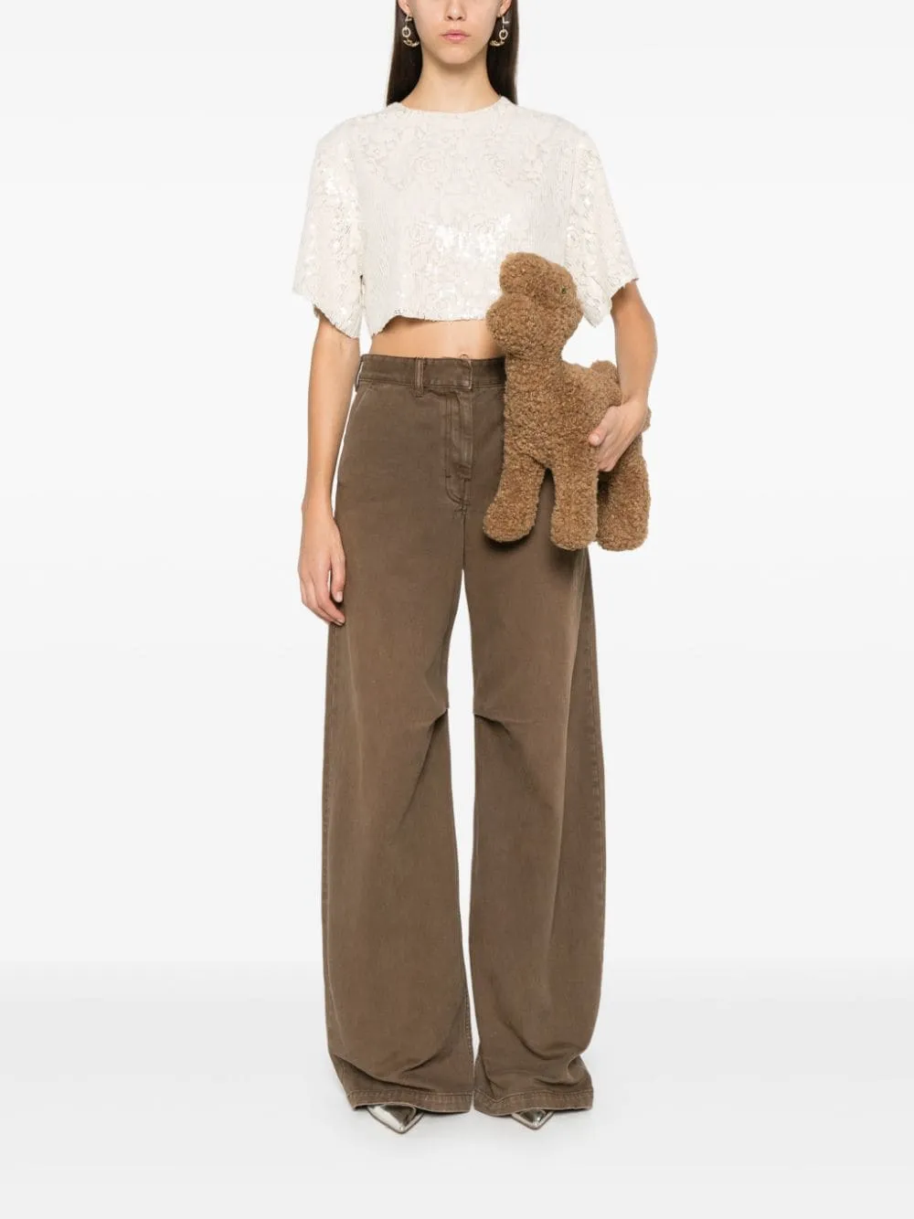 Msgm Blusa Beige Donna Crop Pizzo e Paillettes