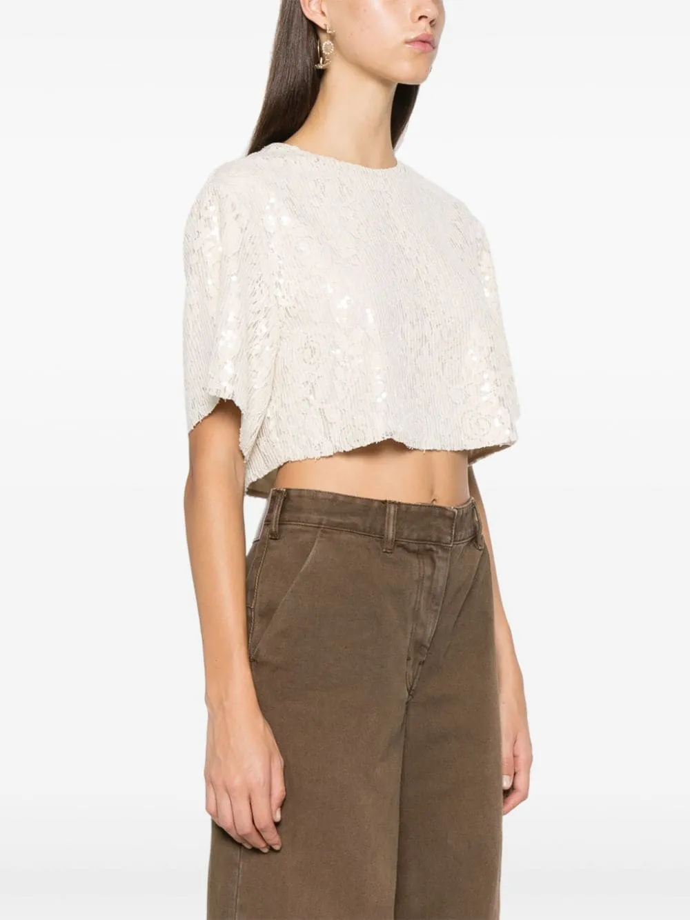 Msgm Blusa Beige Donna Crop Pizzo e Paillettes