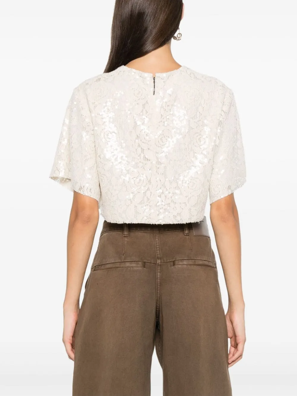 Msgm Blusa Beige Donna Crop Pizzo e Paillettes