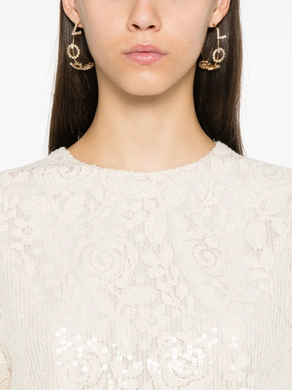 Msgm Blusa Beige Donna Crop Pizzo e Paillettes