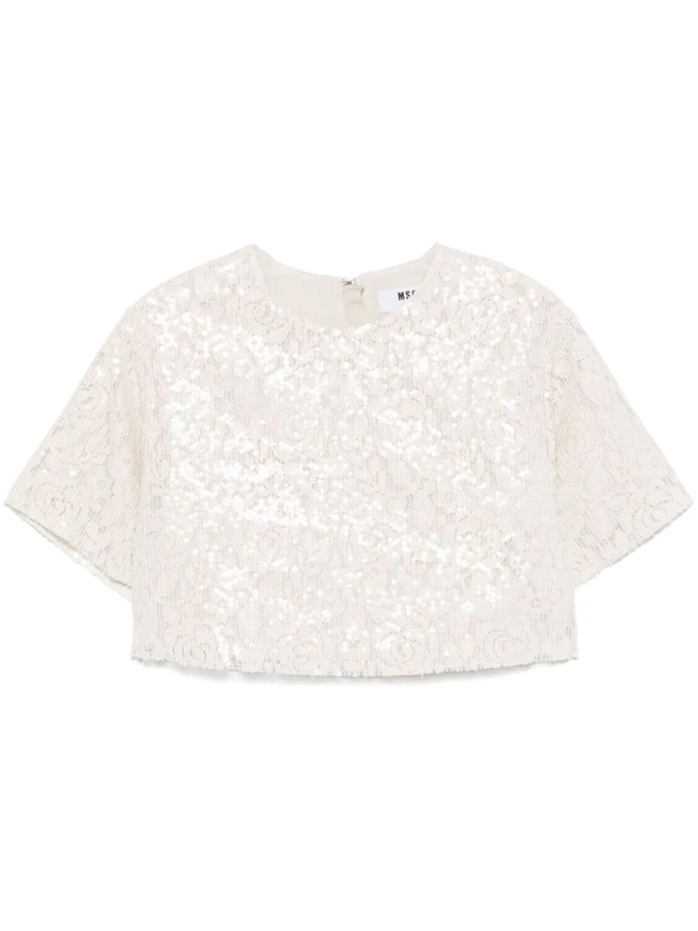 Msgm Blusa Beige Donna Crop Pizzo e Paillettes