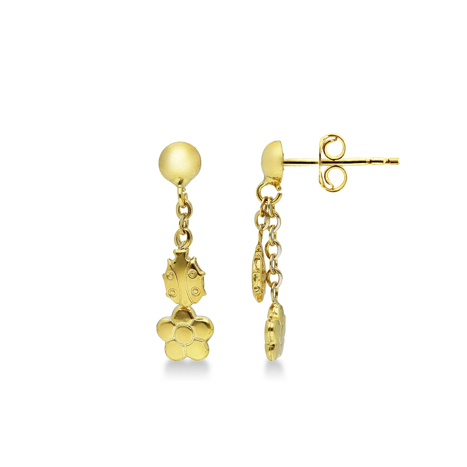 Orecchini in oro giallo 18k con pendenti a fiore e coccinella.