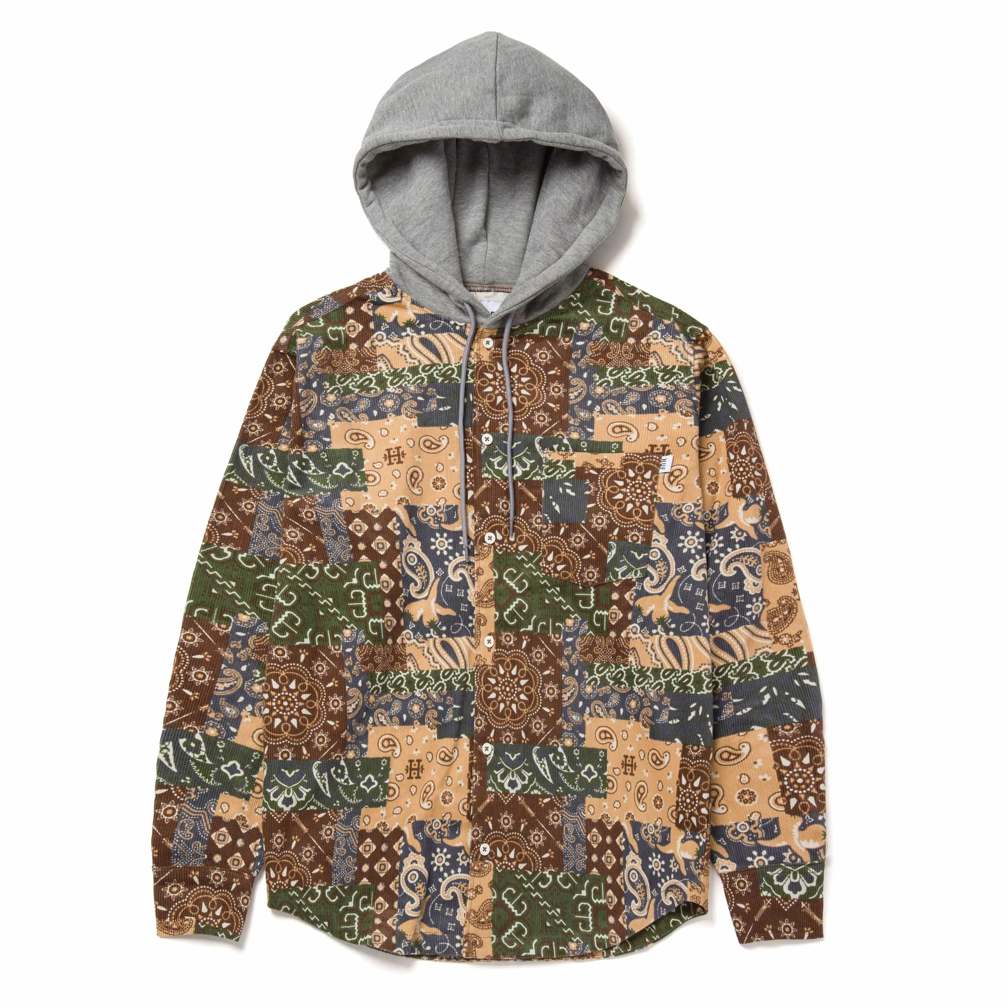 PATCHWORK CORD HOODED JACKET - BROWN