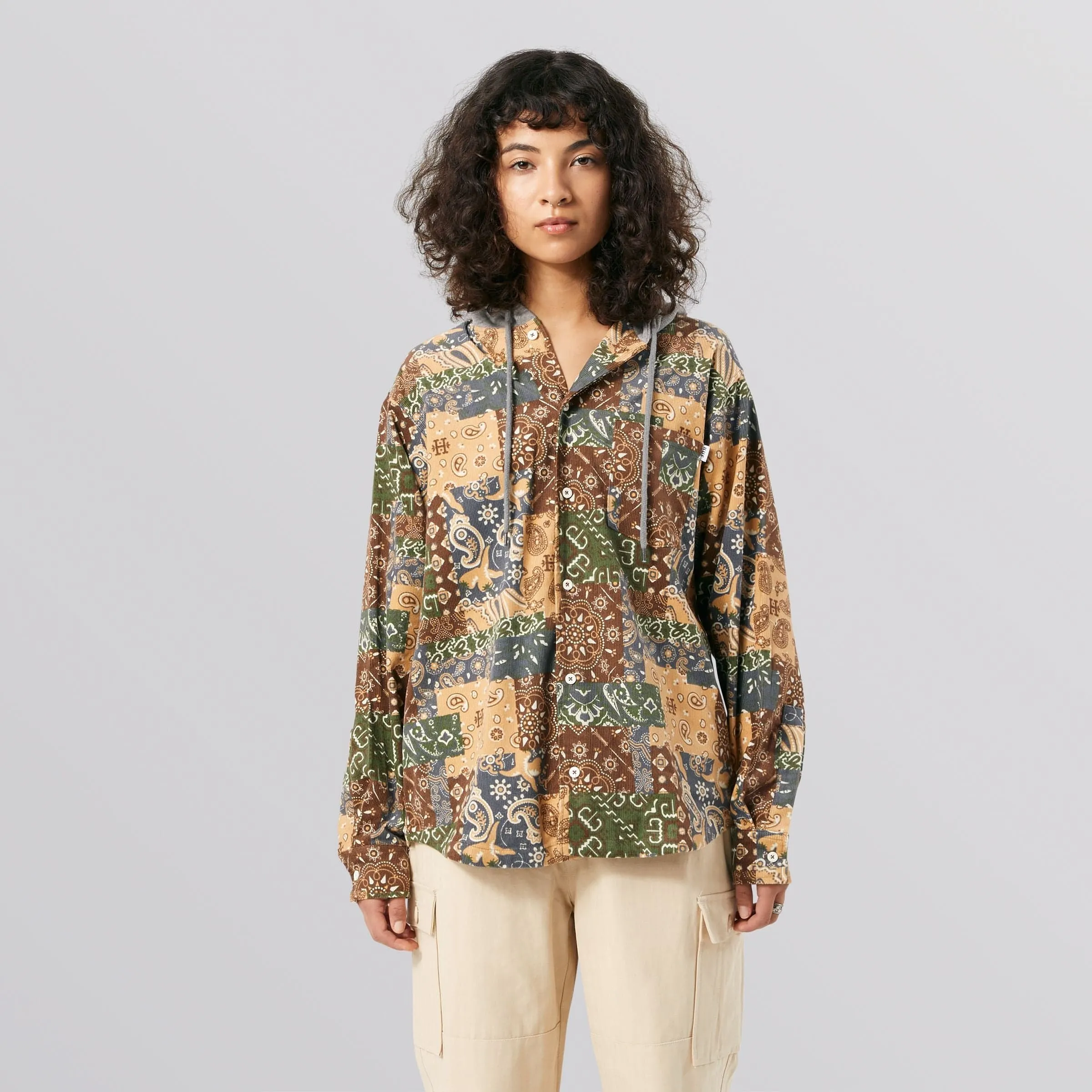 PATCHWORK CORD HOODED JACKET - BROWN