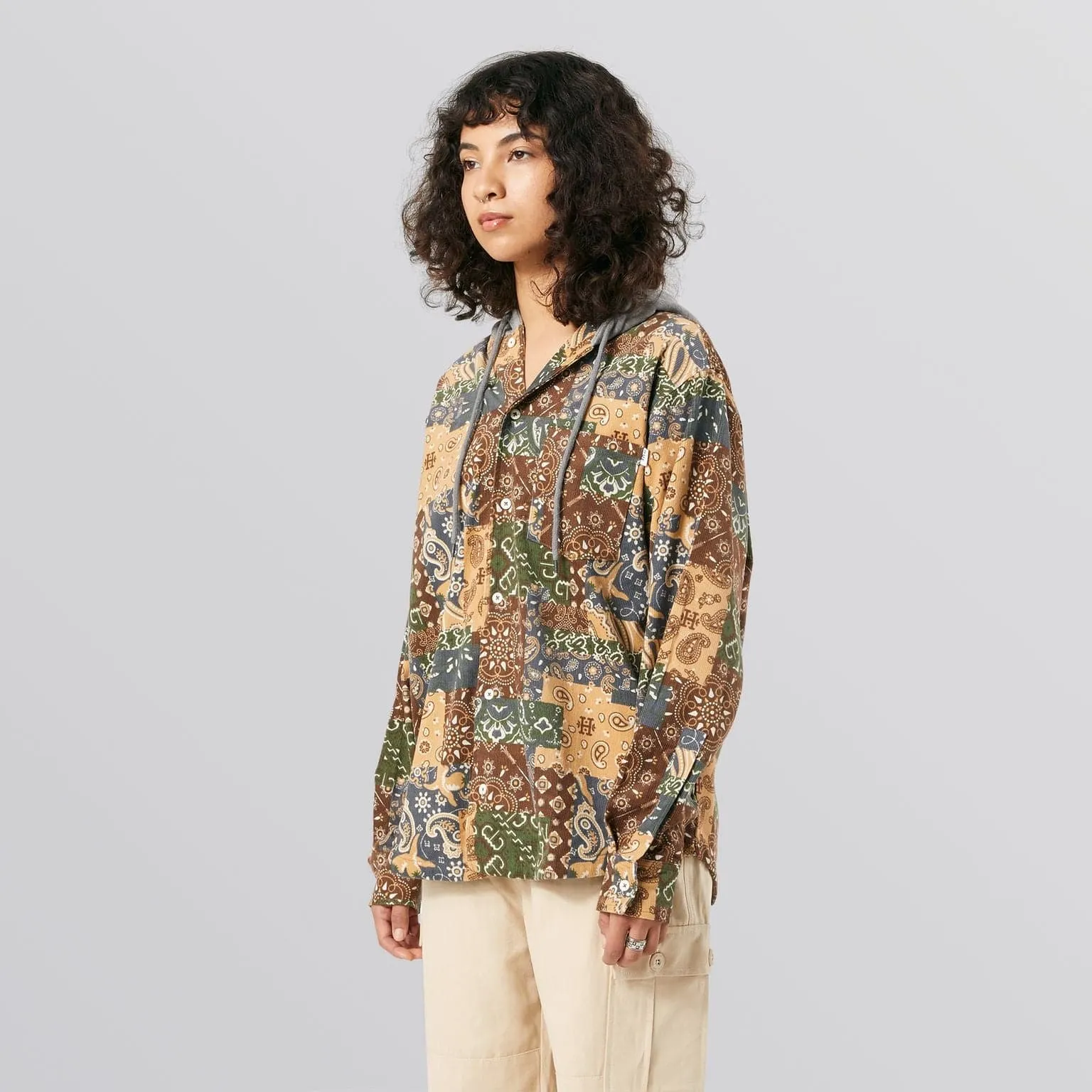 PATCHWORK CORD HOODED JACKET - BROWN
