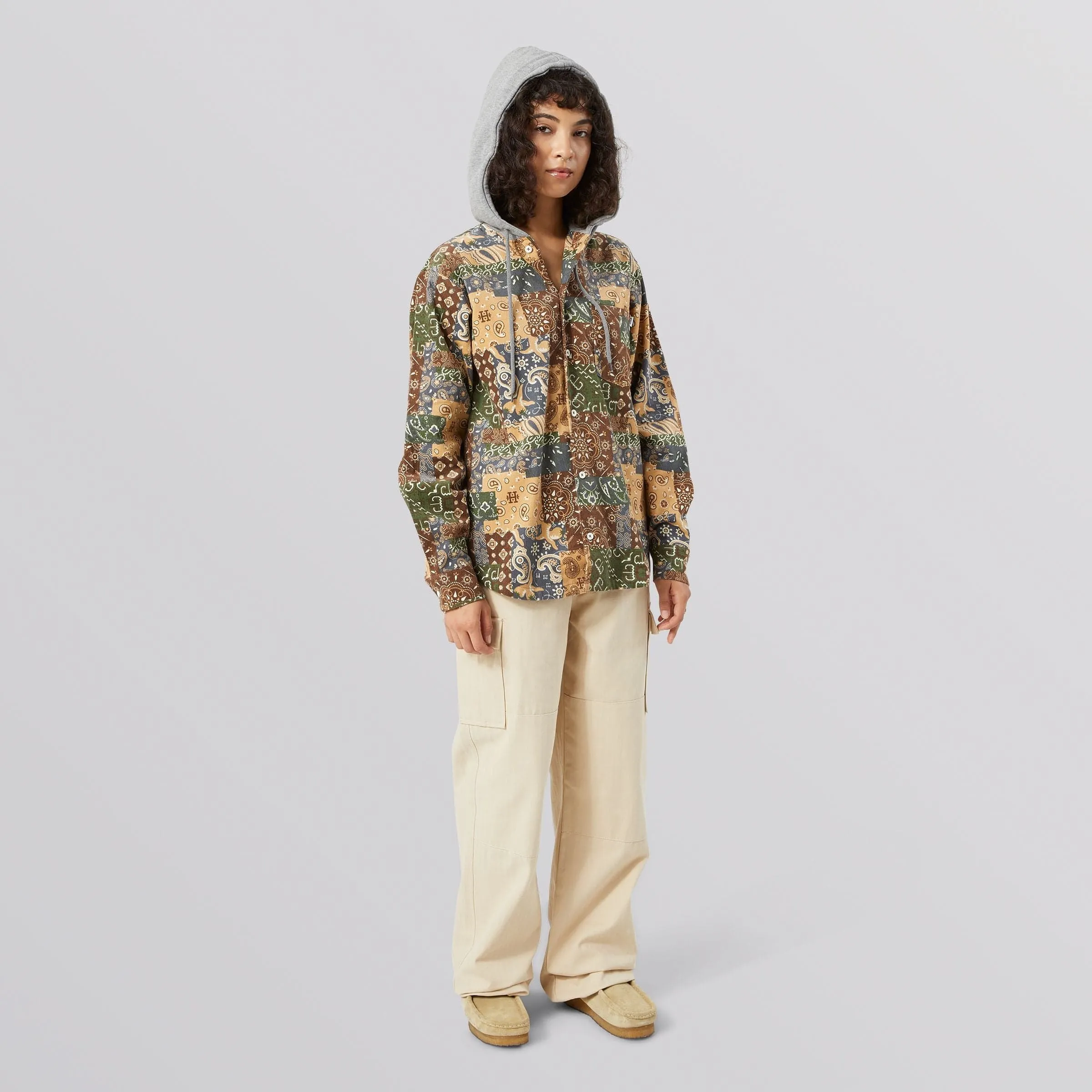 PATCHWORK CORD HOODED JACKET - BROWN