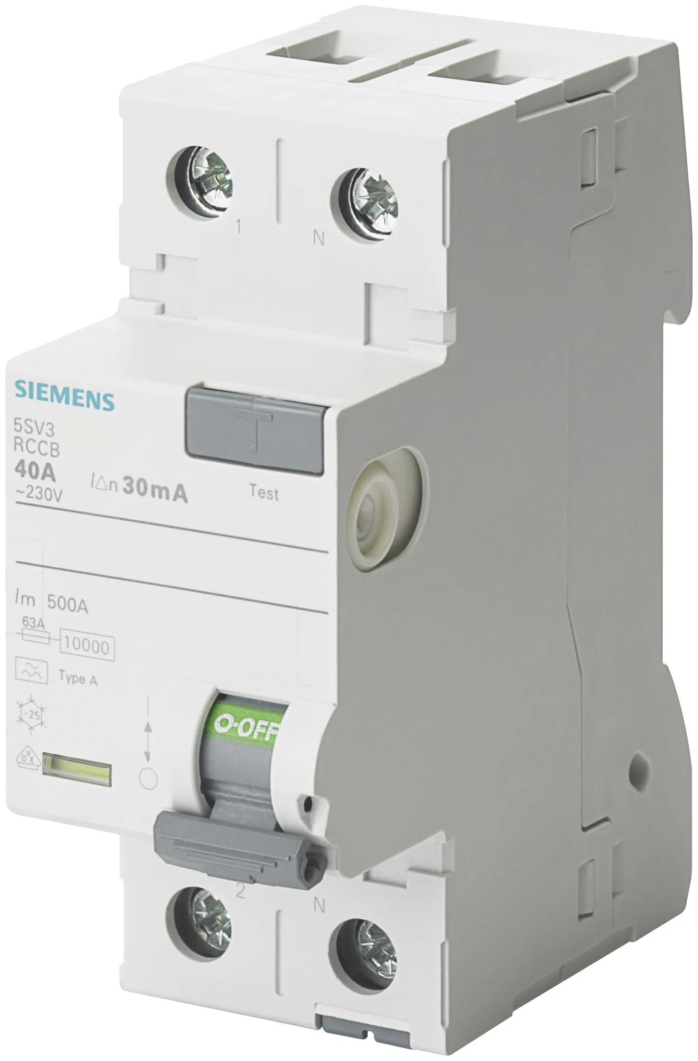 RCCB Siemens 5SV3, 2P, 40A, sensibilità 30mA, Tipo A