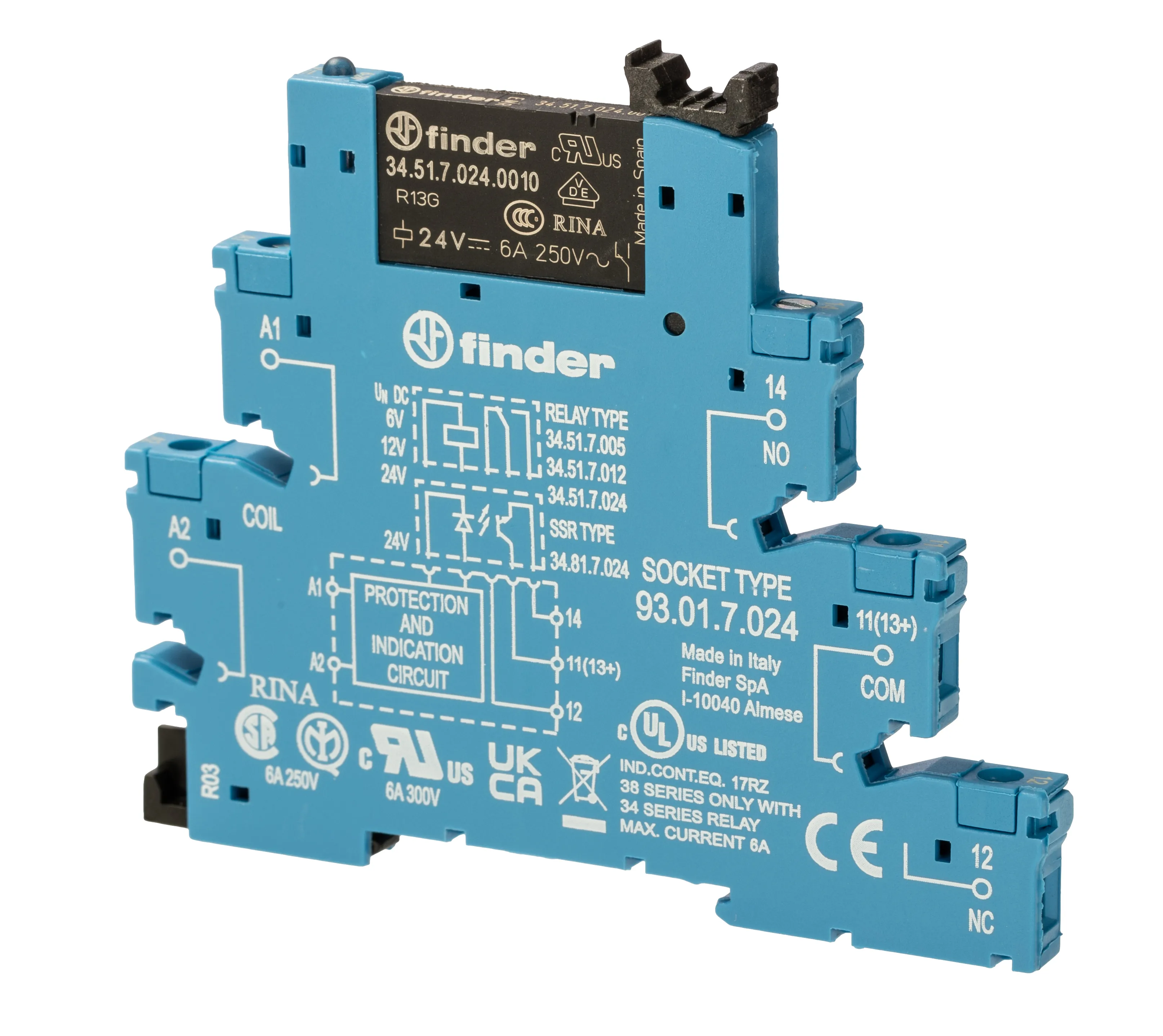 Relè di interfaccia elettromeccanici Finder serie 38 Series, bobina 24V cc, Guida DIN, contatti SPDT