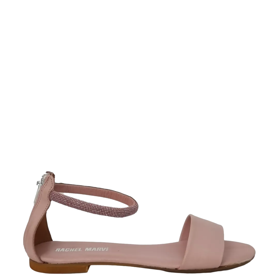 Sandali bassi pelle rosa con cinturino strass alla caviglia