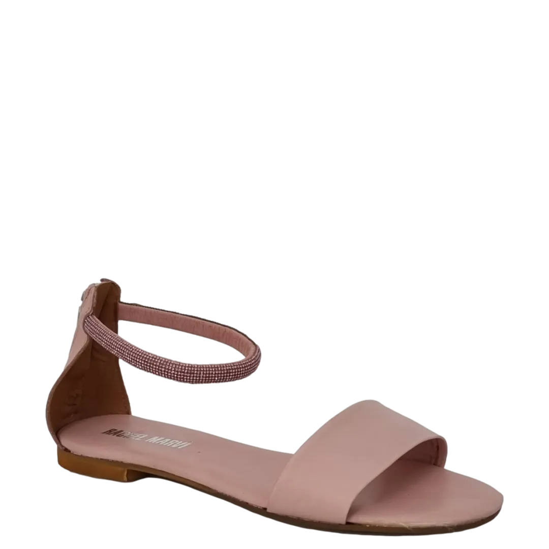 Sandali bassi pelle rosa con cinturino strass alla caviglia