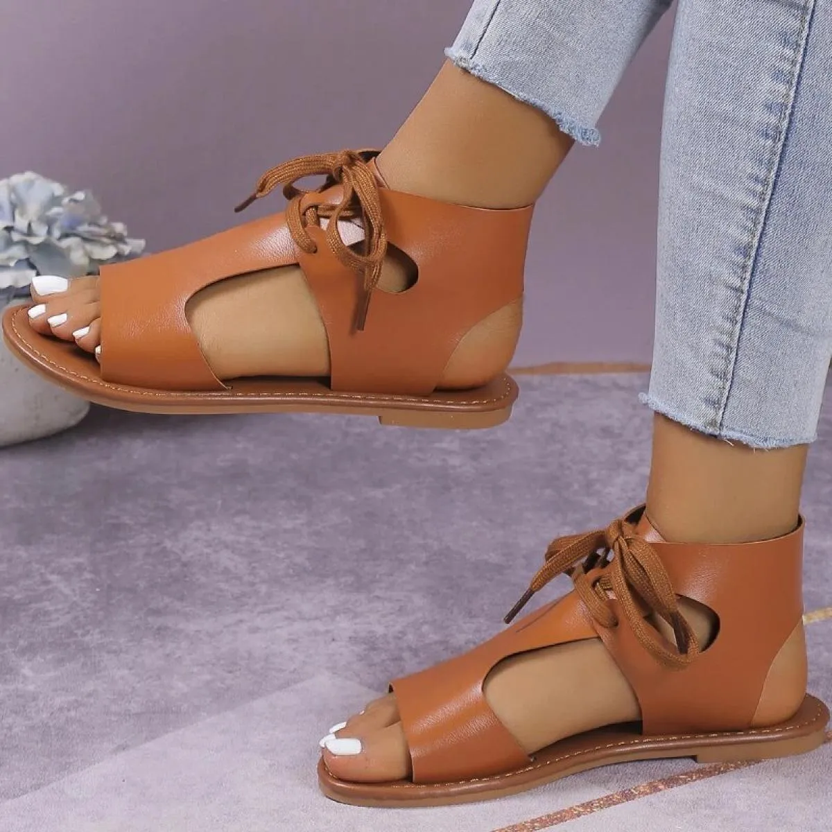 Sandali piatti da donna 2023 Estate New Lace Up Open Toe Sandali casual per le donne Scarpe da spiaggia femminili all'aperto Plu