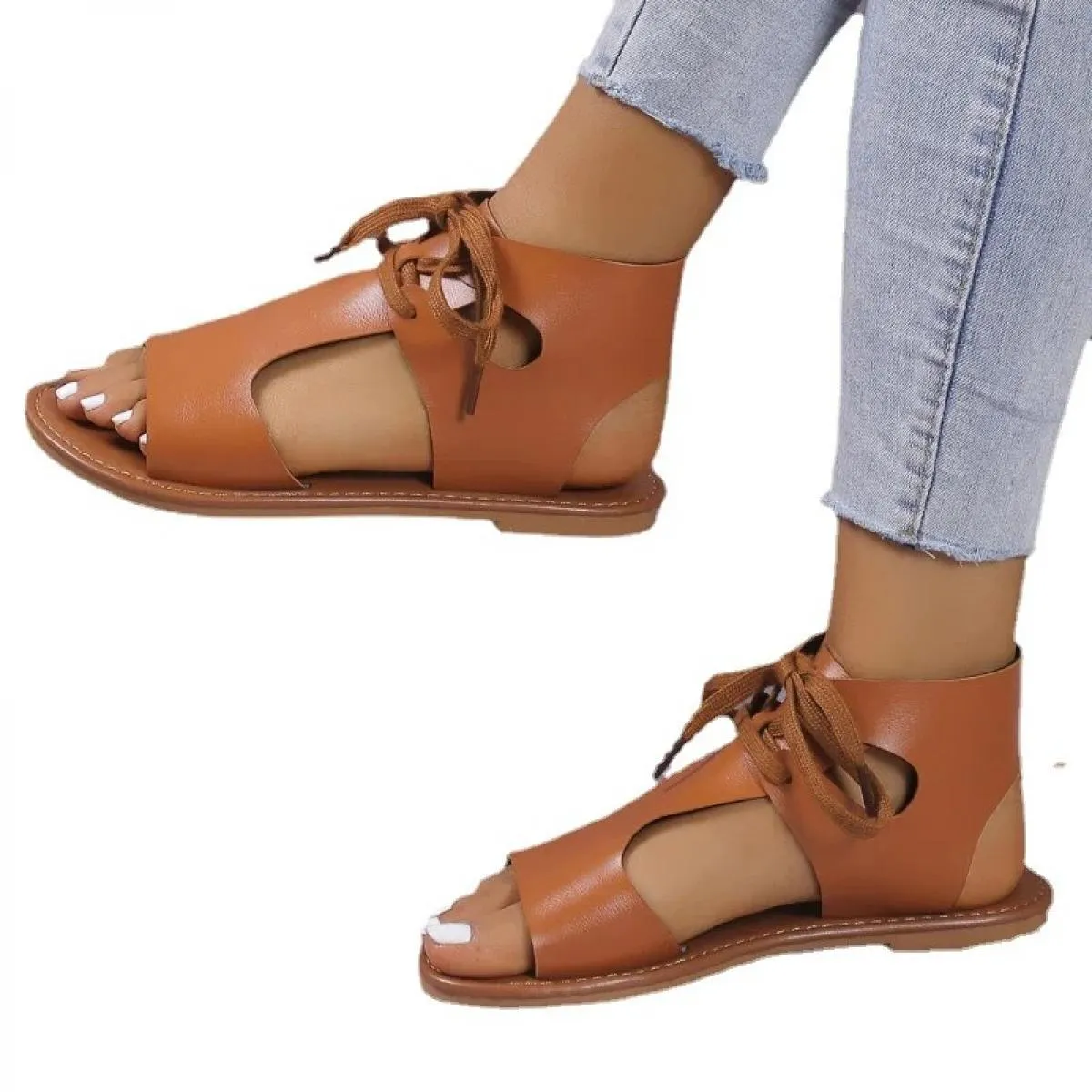Sandali piatti da donna 2023 Estate New Lace Up Open Toe Sandali casual per le donne Scarpe da spiaggia femminili all'aperto Plu