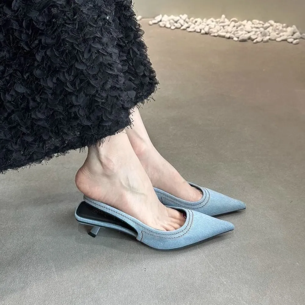 Sandali posteriori a punta con punta a spillo francese Scarpe da donna Scarpe da fata Estate Denim Toe Cat Heel Mule Tacchi alti