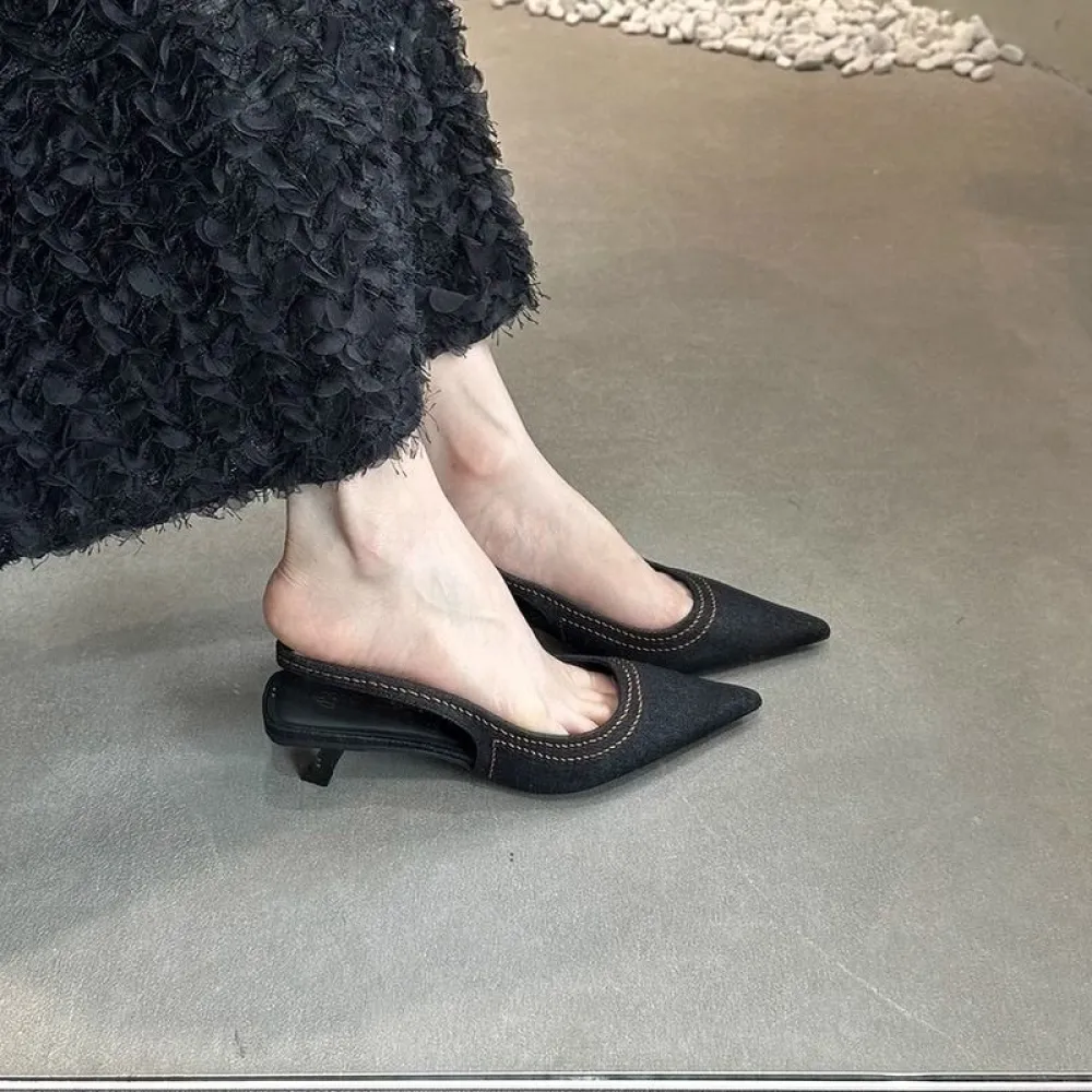 Sandali posteriori a punta con punta a spillo francese Scarpe da donna Scarpe da fata Estate Denim Toe Cat Heel Mule Tacchi alti