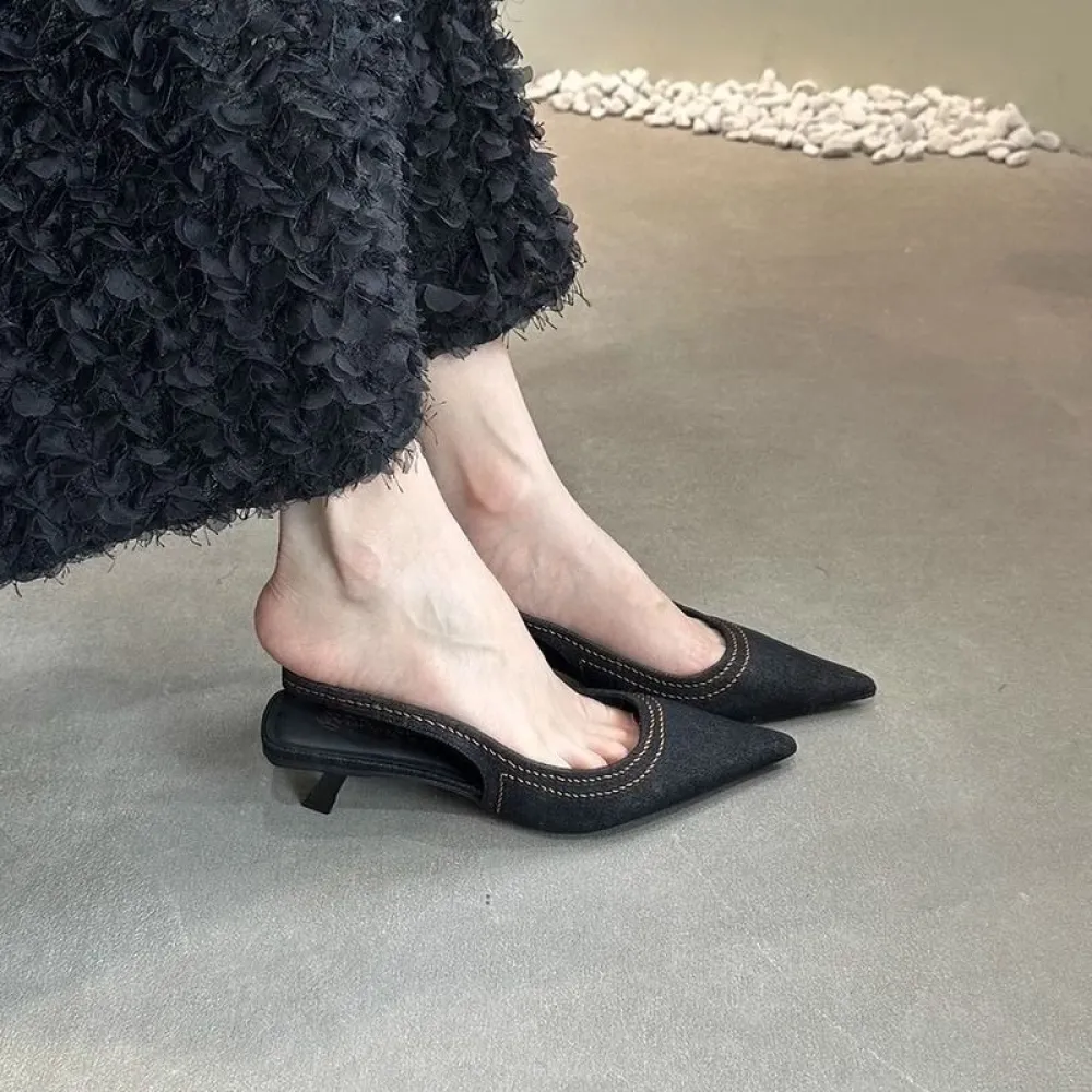 Sandali posteriori a punta con punta a spillo francese Scarpe da donna Scarpe da fata Estate Denim Toe Cat Heel Mule Tacchi alti