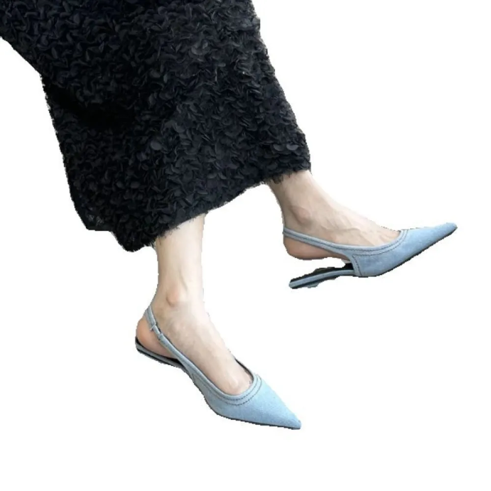 Sandali posteriori a punta con punta a spillo francese Scarpe da donna Scarpe da fata Estate Denim Toe Cat Heel Mule Tacchi alti