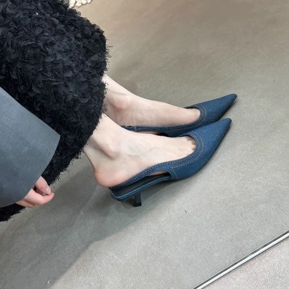 Sandali posteriori a punta con punta a spillo francese Scarpe da donna Scarpe da fata Estate Denim Toe Cat Heel Mule Tacchi alti