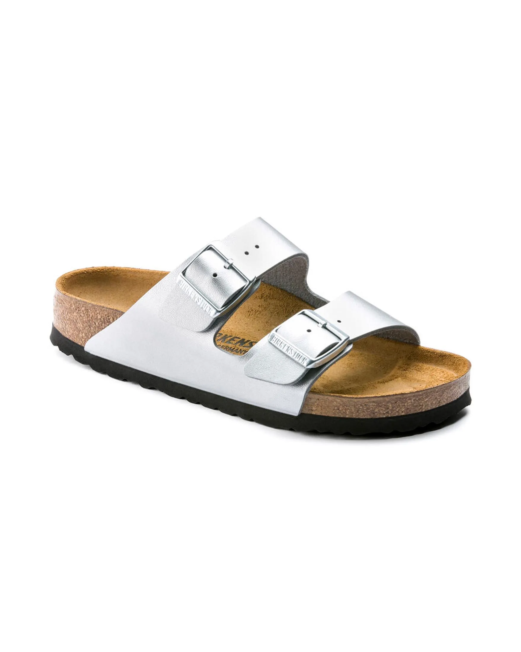 Sandalo Arizona in pelle effetto metallizzato color argento con doppia fascetta