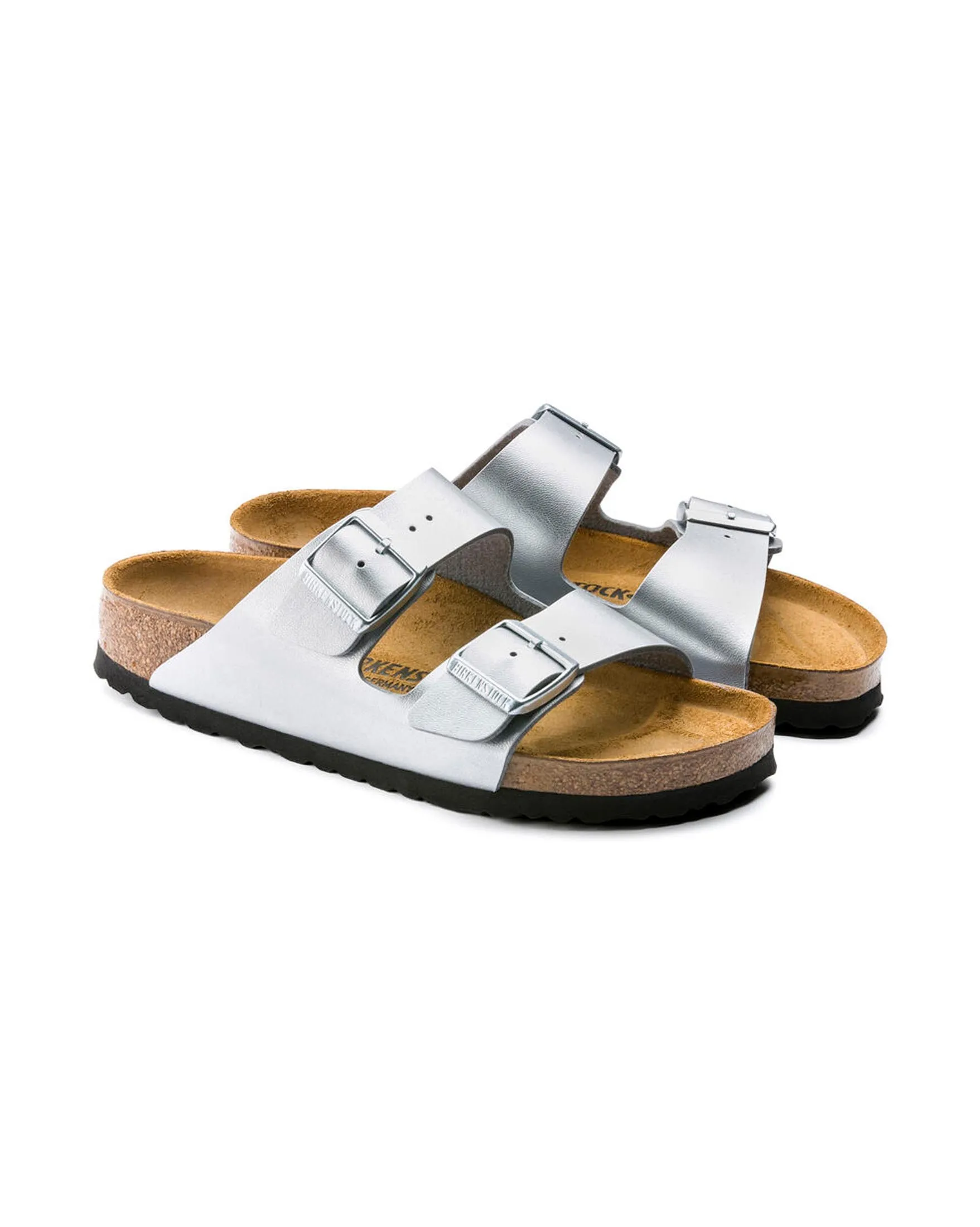 Sandalo Arizona in pelle effetto metallizzato color argento con doppia fascetta