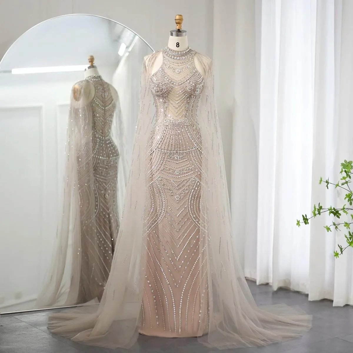 Sharon Said Abiti da sera a sirena color caramello di lusso Dubai con maniche a mantella Abiti eleganti da cerimonia nuziale con