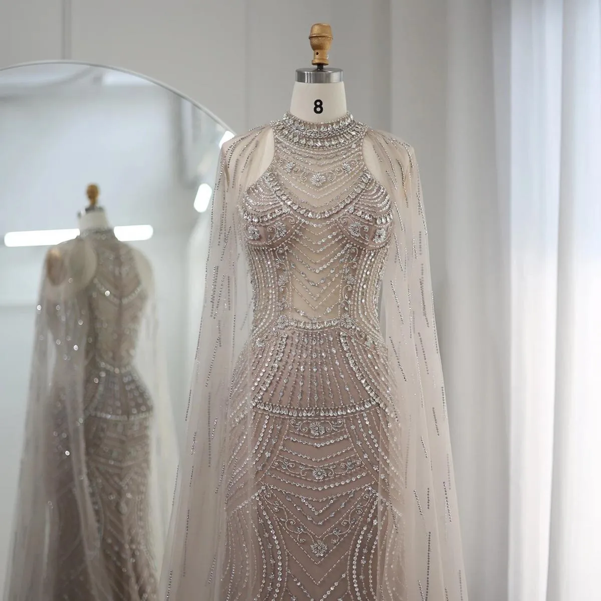 Sharon Said Abiti da sera a sirena color caramello di lusso Dubai con maniche a mantella Abiti eleganti da cerimonia nuziale con