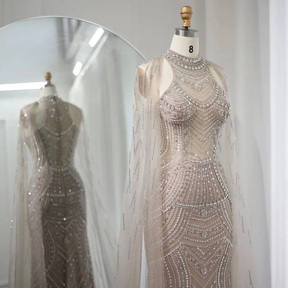 Sharon Said Abiti da sera a sirena color caramello di lusso Dubai con maniche a mantella Abiti eleganti da cerimonia nuziale con