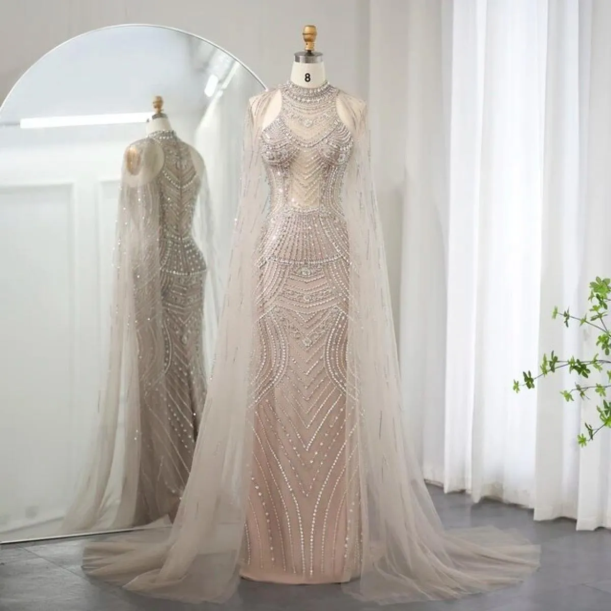 Sharon Said Abiti da sera a sirena color caramello di lusso Dubai con maniche a mantella Abiti eleganti da cerimonia nuziale con