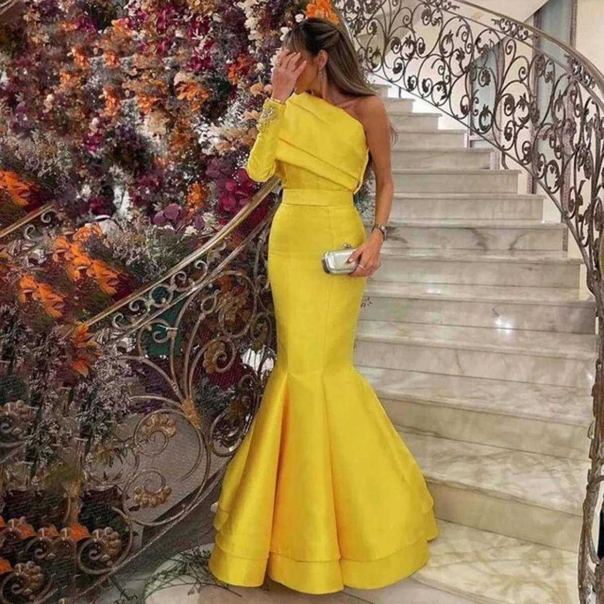 Sharon Said Abito da sera a sirena arabo monospalla giallo con mantella Abito da cerimonia nuziale di lusso Dubai con perline bl
