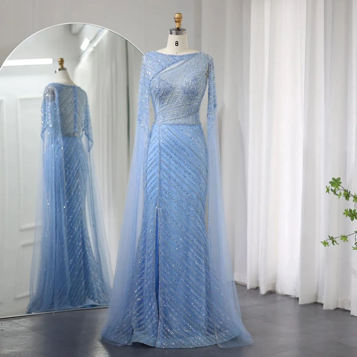 Sharon Said Abito da sera Dubai blu sirena arabo con maniche a mantella Abiti da cerimonia da donna di lusso taglie forti