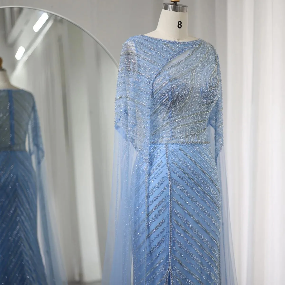 Sharon Said Abito da sera Dubai blu sirena arabo con maniche a mantella Abiti da cerimonia da donna di lusso taglie forti