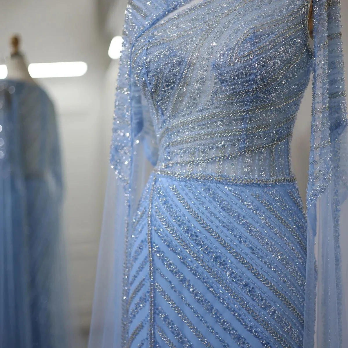 Sharon Said Abito da sera Dubai blu sirena arabo con maniche a mantella Abiti da cerimonia da donna di lusso taglie forti