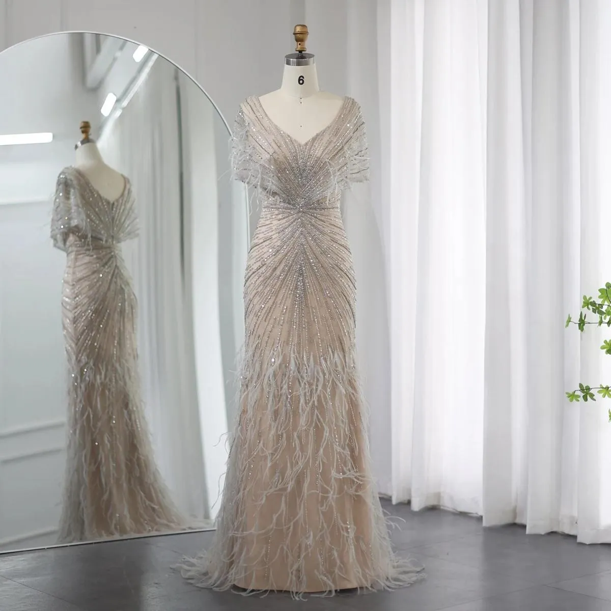 Sharon Said Luxury Dubai Feathers Khaki Sirena Abiti da sera 2023 Eleganti per donna Abiti da festa di nozze Maniche a mantella