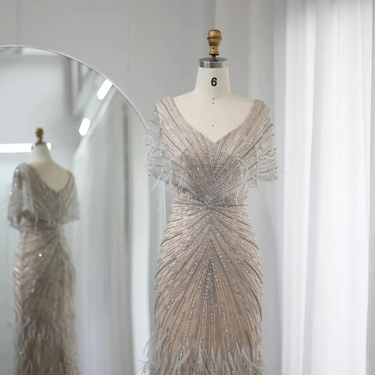 Sharon Said Luxury Dubai Feathers Khaki Sirena Abiti da sera 2023 Eleganti per donna Abiti da festa di nozze Maniche a mantella