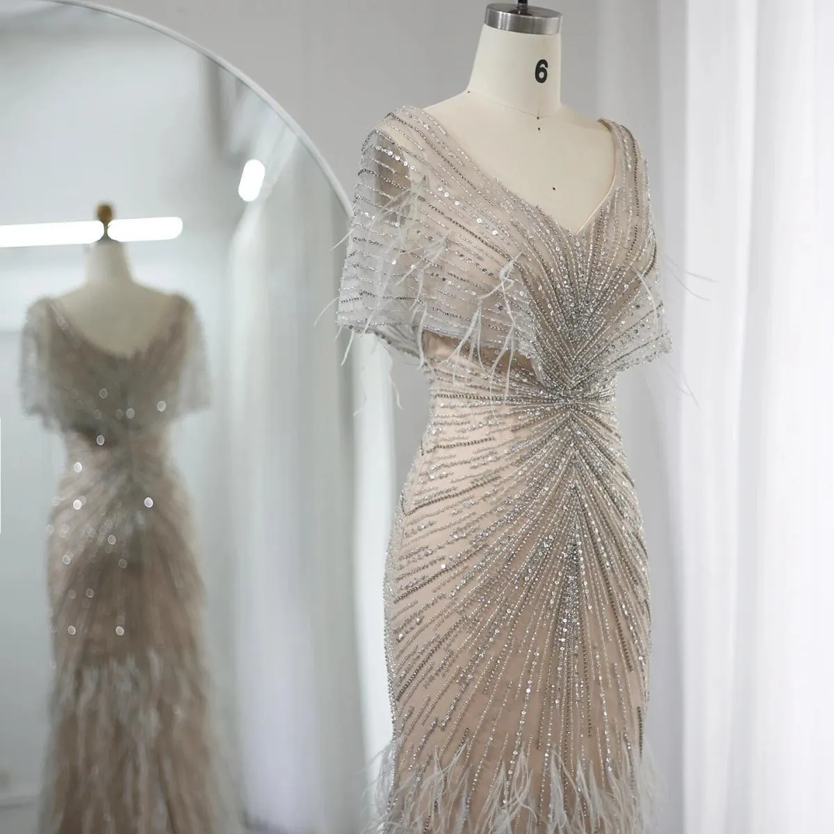 Sharon Said Luxury Dubai Feathers Khaki Sirena Abiti da sera 2023 Eleganti per donna Abiti da festa di nozze Maniche a mantella