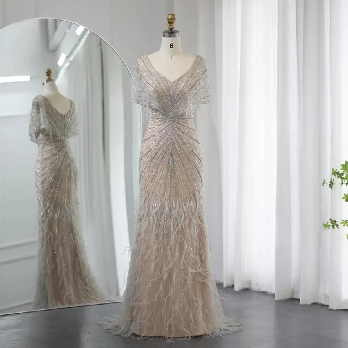 Sharon Said Luxury Dubai Feathers Khaki Sirena Abiti da sera 2023 Eleganti per donna Abiti da festa di nozze Maniche a mantella