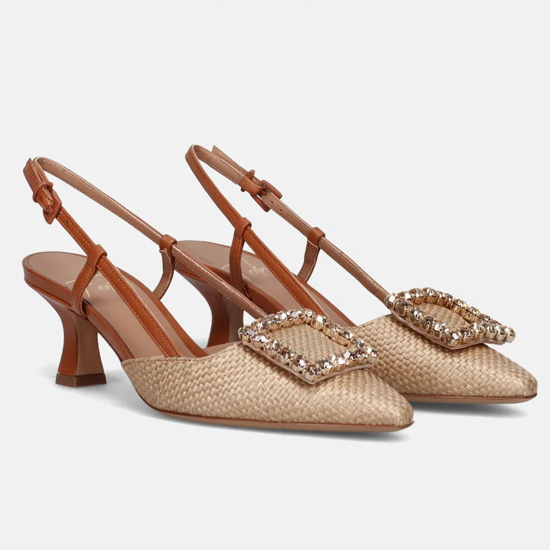 Slingback Roberto Festa Stefi in rafia beige e pelle cuoio
