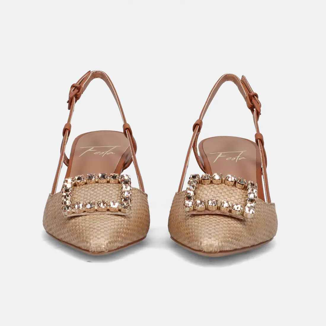 Slingback Roberto Festa Stefi in rafia beige e pelle cuoio