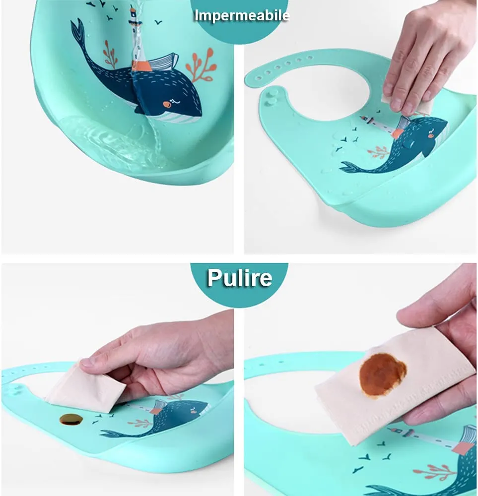 SLOSH Bavaglino Silicone Impermeabile con Tasca Lavabile Bavaglino Raccoglipappa de 6 Meses a 6 Aos Bavaglini Pappa Bambini (Blu