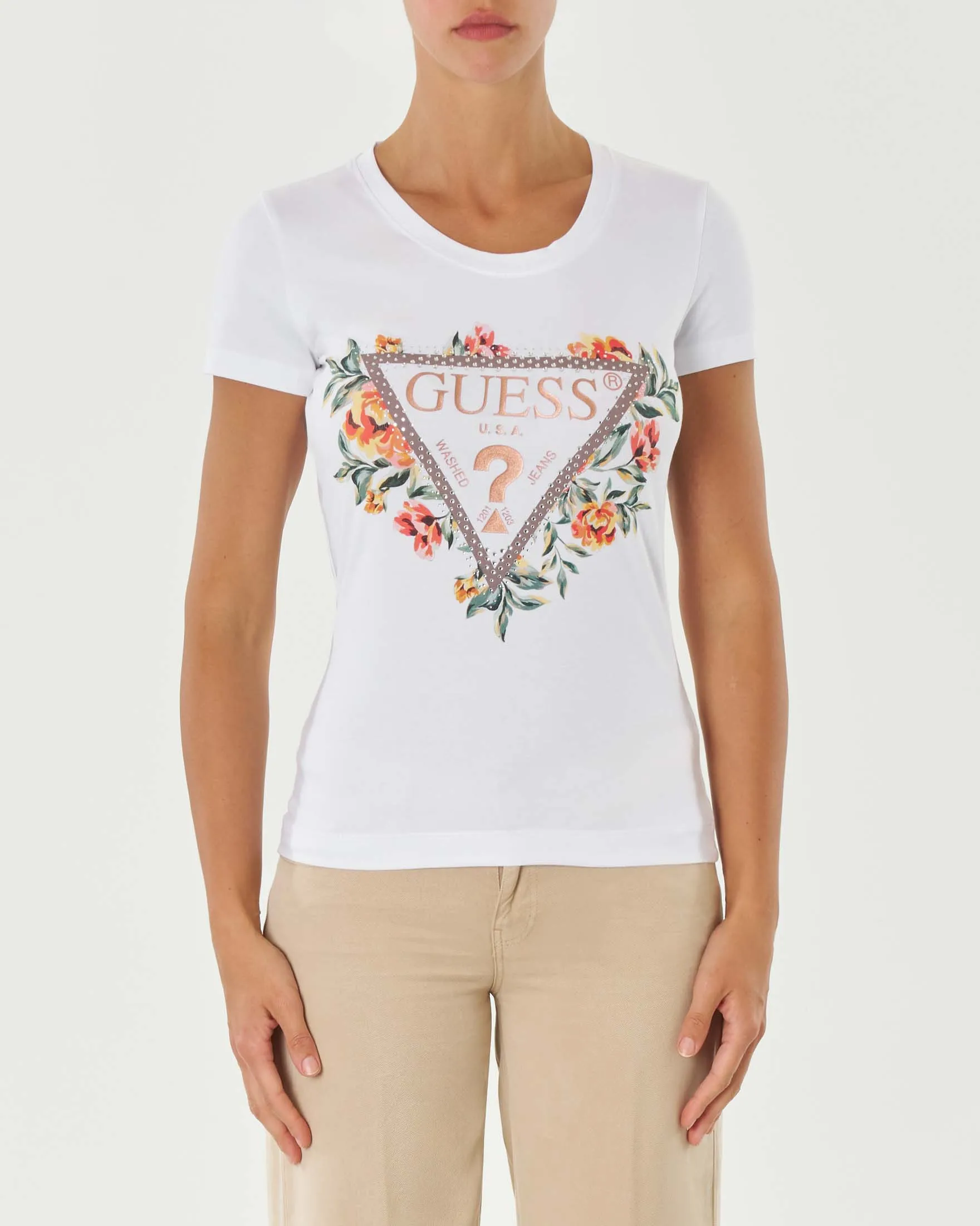 T-shirt di colore bianco in cotone con stampa logo sul petto e motivo floreale attorno