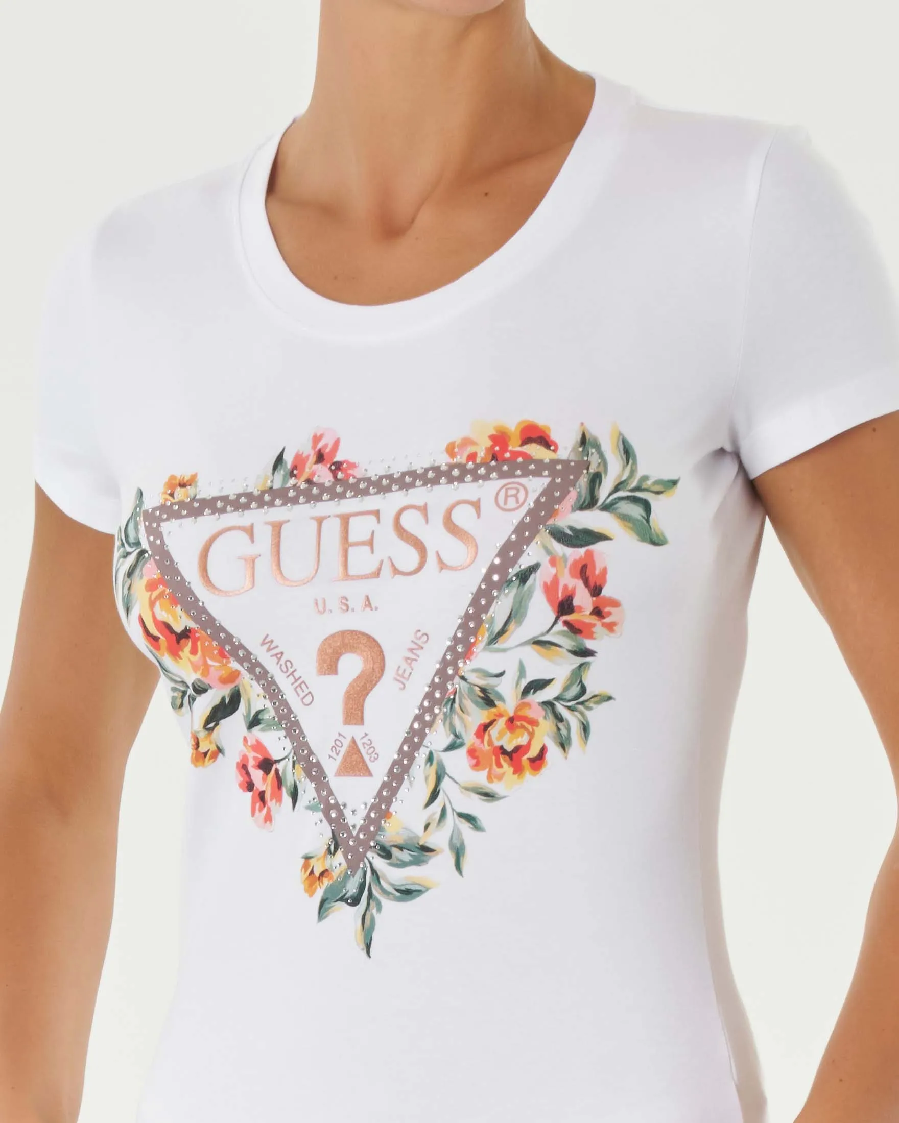 T-shirt di colore bianco in cotone con stampa logo sul petto e motivo floreale attorno