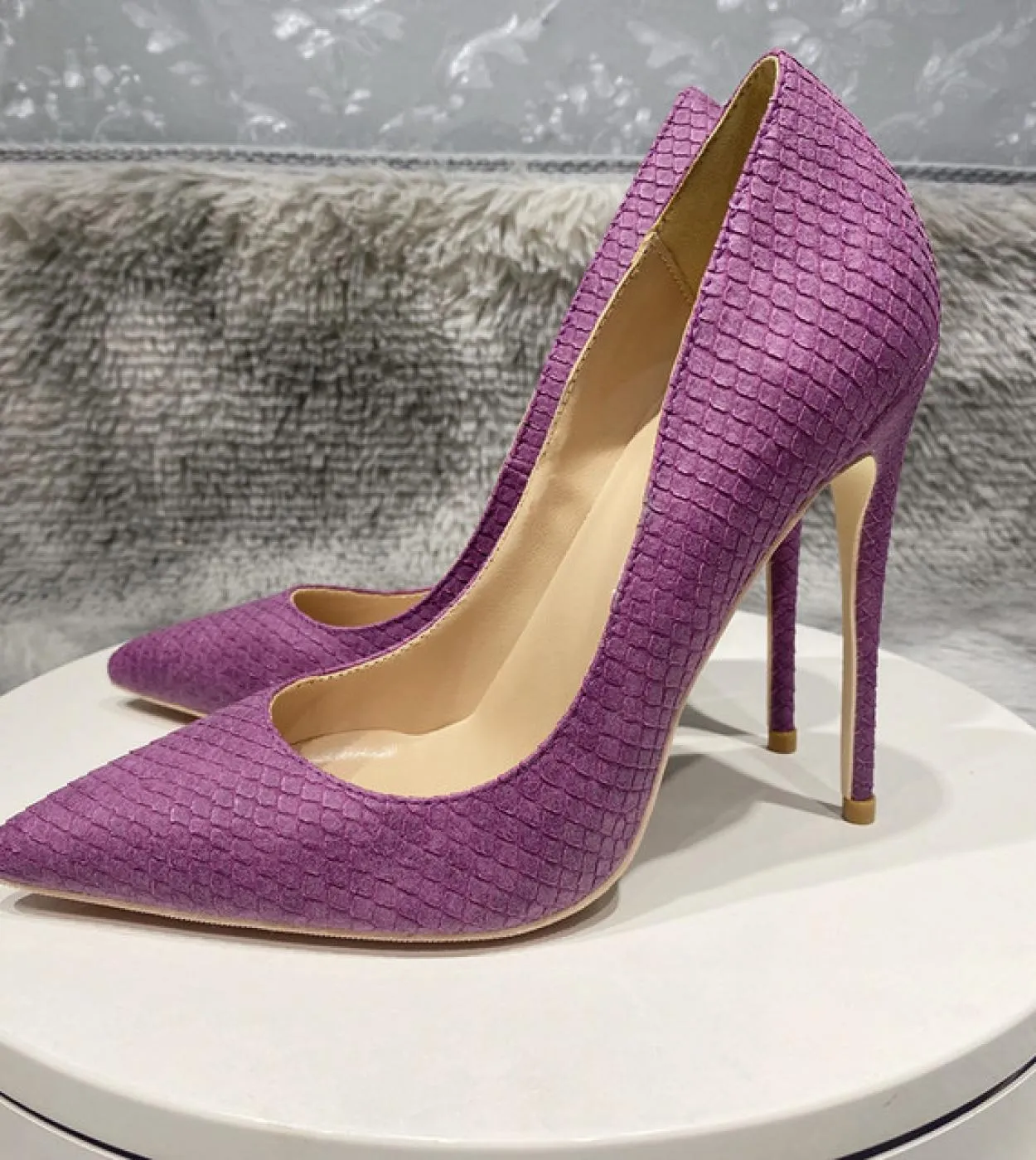 Tikicup Viola Effetto coccodrillo Donna Punta a punta Tacco alto Scarpe da festa Taglio basso Slip On Décolleté a spillo Taglia