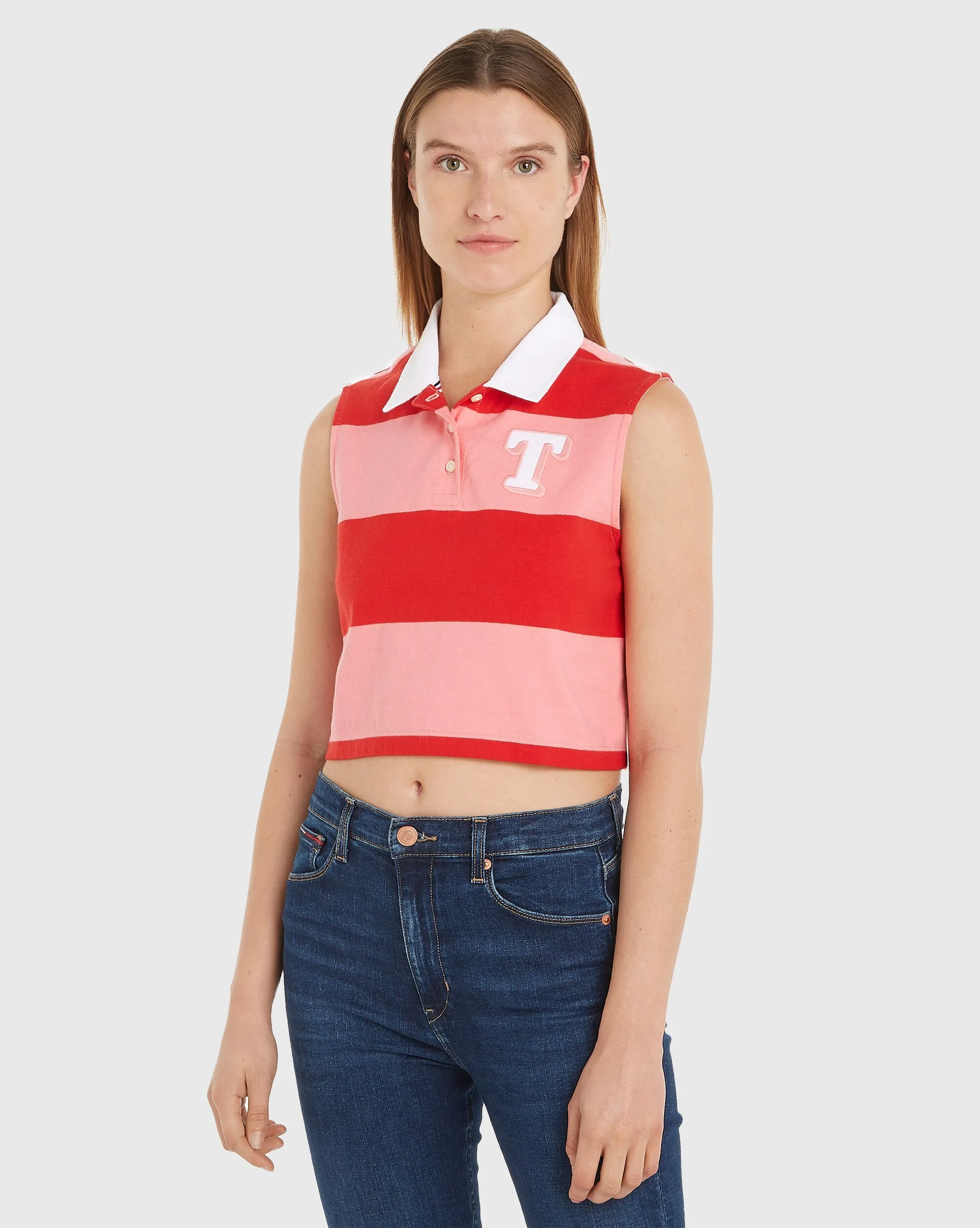 Tommy Hilfiger Polo A Maniche Lunghe Letterman a Righe Rosa Donna
