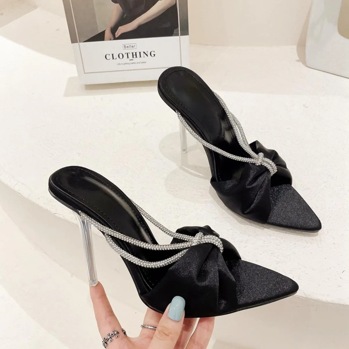 Tstctb Pantofole da donna in cristallo di raso Party Fashion Scarpe a punta trasparenti con tacco a spillo in perspex Scarpe da