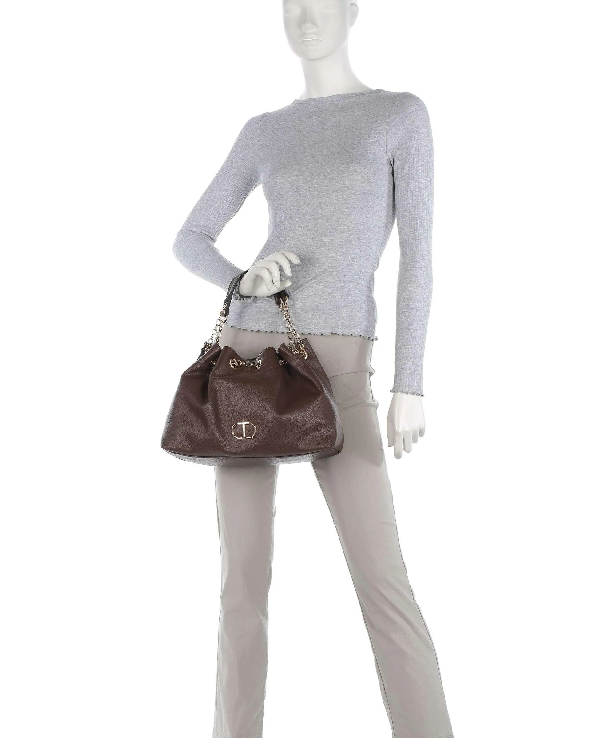  Twinset Borsa a secchiello pelle sintetica cioccolato  