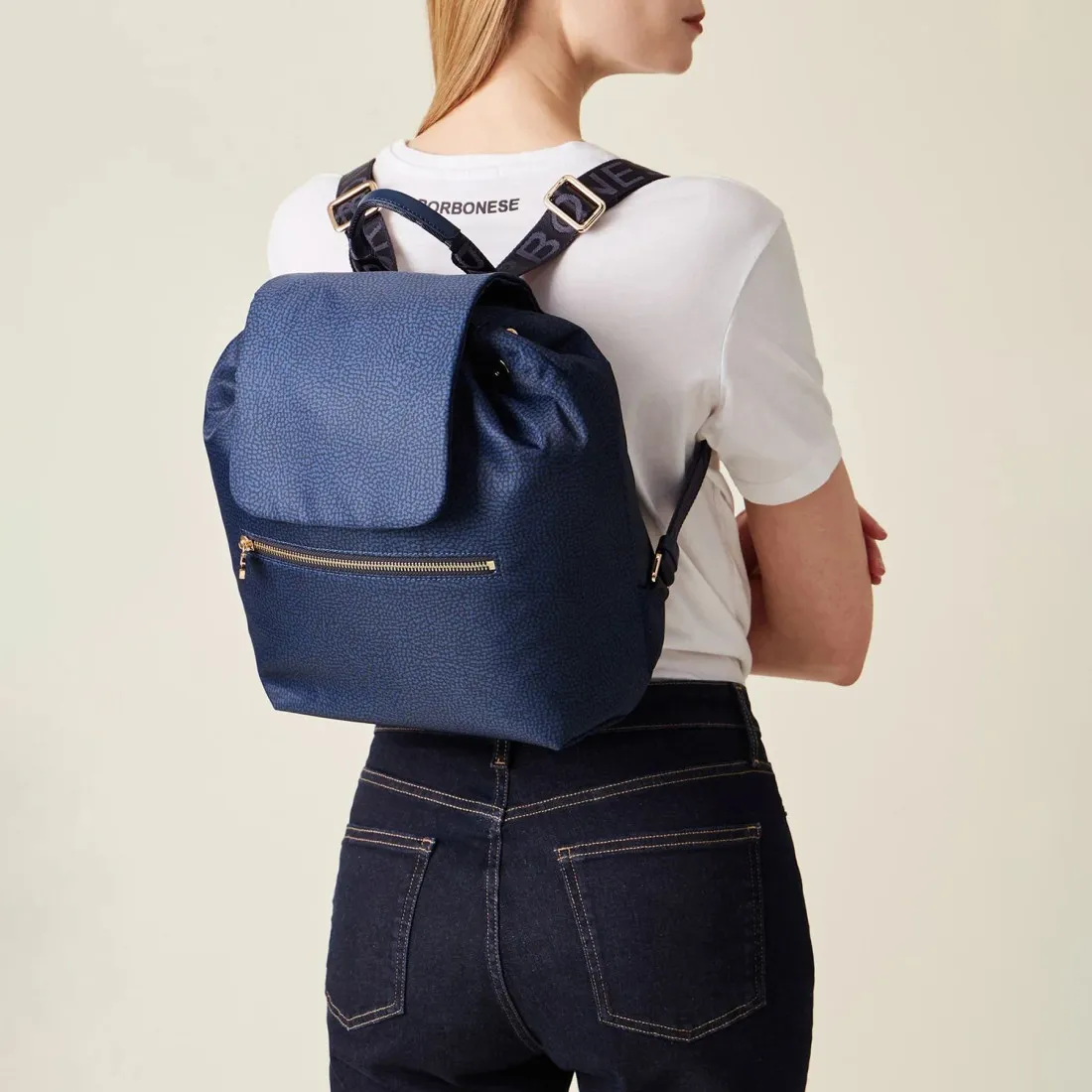 Zaino Borbonese Eco Line Medium in nylon OP riciclato e pelle blu