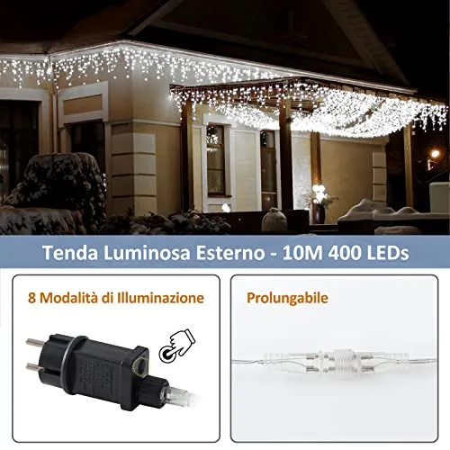 Zorela Luci Natale Esterno Cascata 10M 400 LED Tenda Luminosa Esterno Natale Prolungabile Luci di Natale Cascata di Stalattiti c